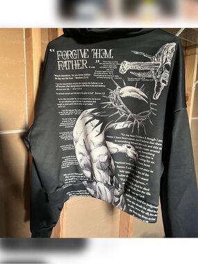 Black Graphic Pullover Hoodie with Religious Print
